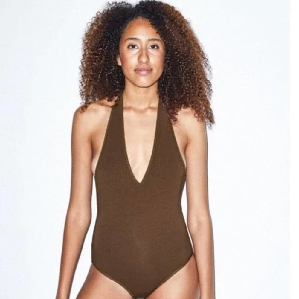 NEW! American Apparel Cotton Halter Open Back Bodysuit Nude Brown Size M